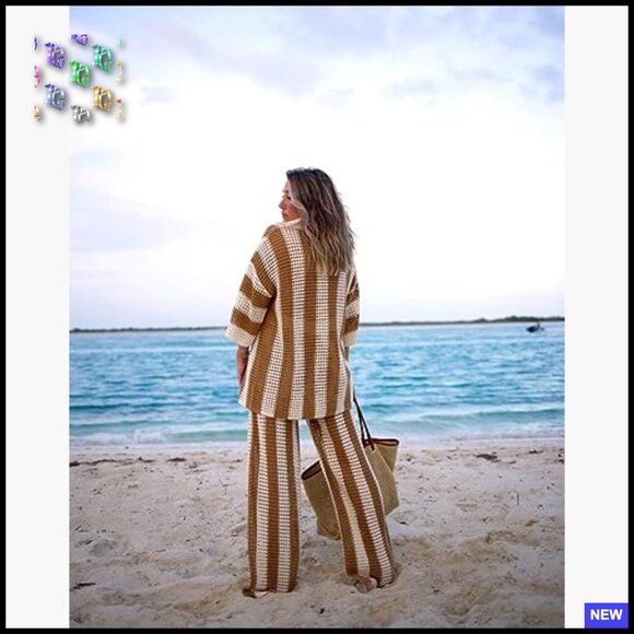 Crochet Button Up Set Wide Leg Pants Boho Chic Vacation Lounge Wear - Picture 4 of 7